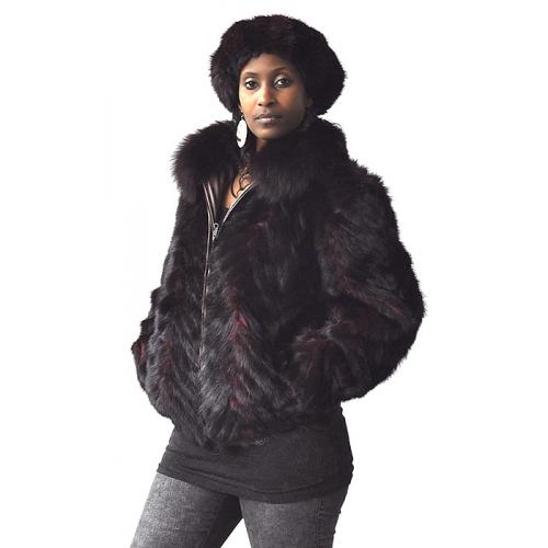 Winter Fur Ladies Burgundy Genuine Sheared Mink Fur Jacket With Fox Collar W39S05BD